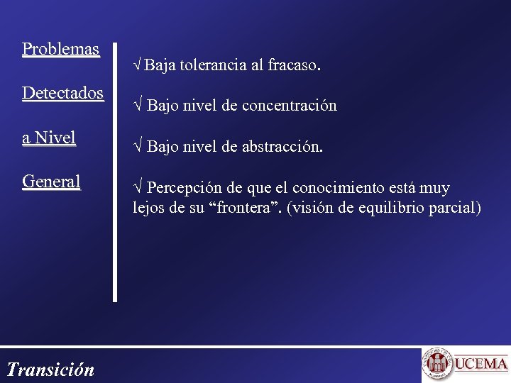 Problemas Detectados Baja tolerancia al fracaso. Bajo nivel de concentración a Nivel Bajo nivel