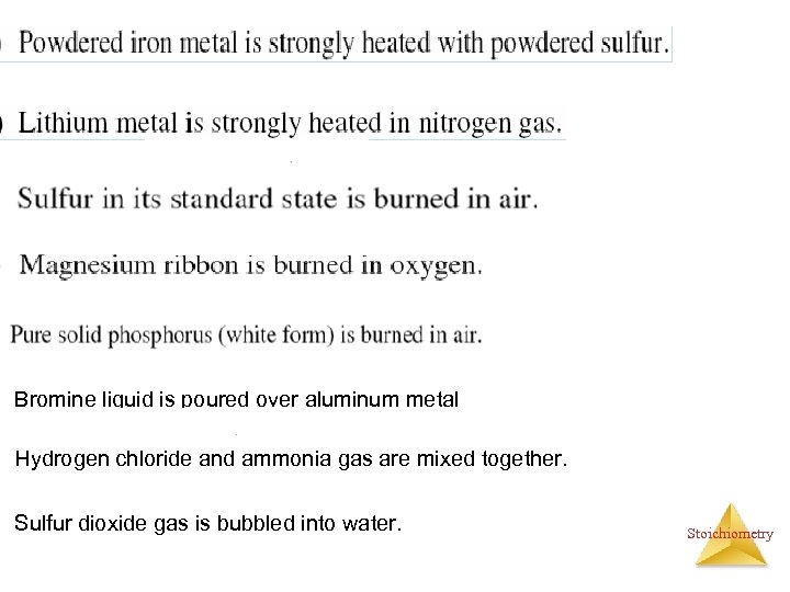 Bromine liquid is poured over aluminum metal Hydrogen chloride and ammonia gas are mixed