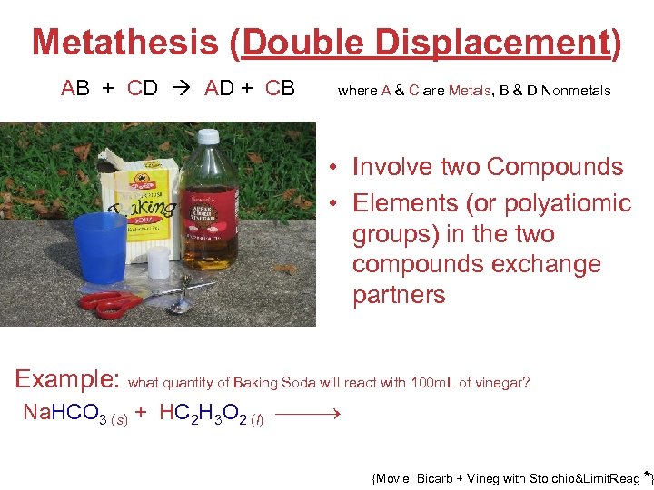 Metathesis (Double Displacement) AB + CD AD + CB where A & C are