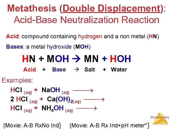 Metathesis (Double Displacement): Acid-Base Neutralization Reaction Acid: compound containing hydrogen and a non metal