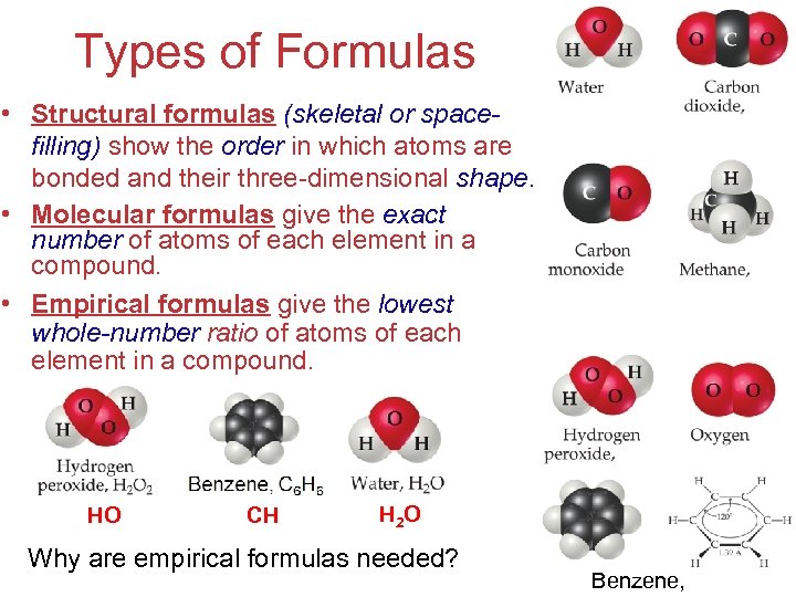 Types of Formulas • Structural formulas (skeletal or spacefilling) show the order in which