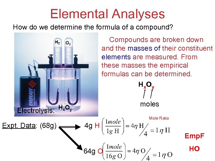Elemental Analyses How do we determine the formula of a compound? Compounds are broken