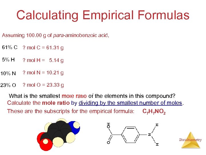 Calculating Empirical Formulas Assuming 100. 00 g of para-aminobenzoic acid, 61% C 5% H