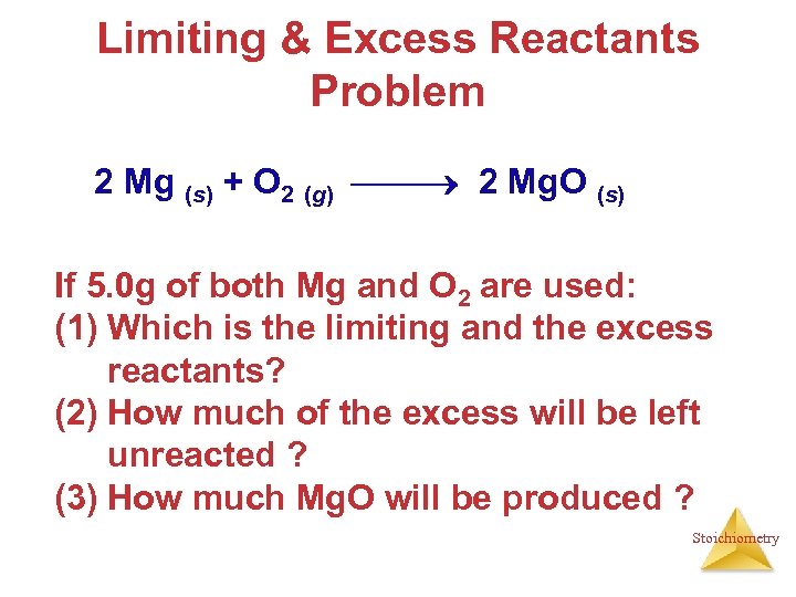 Limiting & Excess Reactants Problem 2 Mg (s) + O 2 (g) 2 Mg.