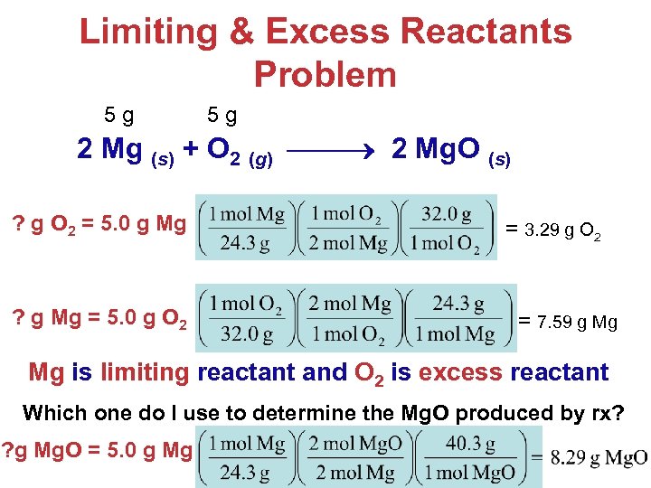 Limiting & Excess Reactants Problem 5 g 5 g 2 Mg (s) + O