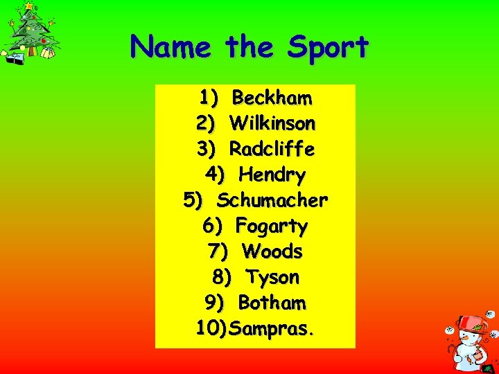 Name the Sport 1) Beckham 2) Wilkinson 3) Radcliffe 4) Hendry 5) Schumacher 6)