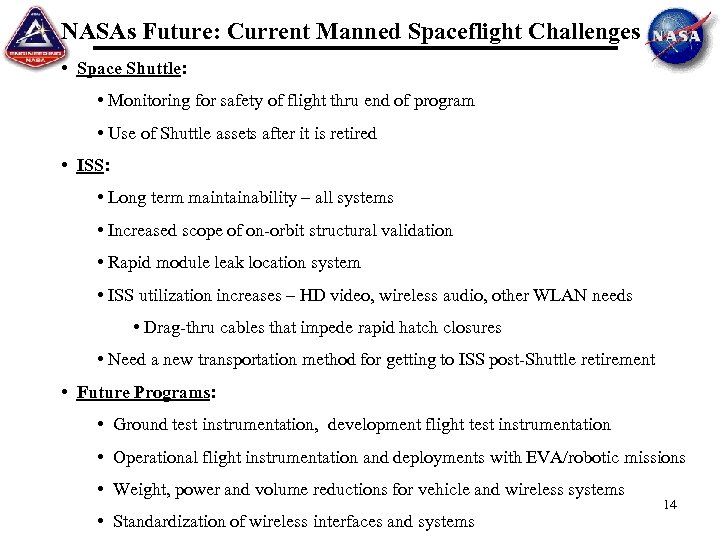 NASAs Future: Current Manned Spaceflight Challenges • Space Shuttle: • Monitoring for safety of