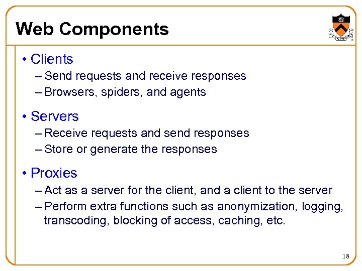 Web Components • Clients – Send requests and receive responses – Browsers, spiders, and