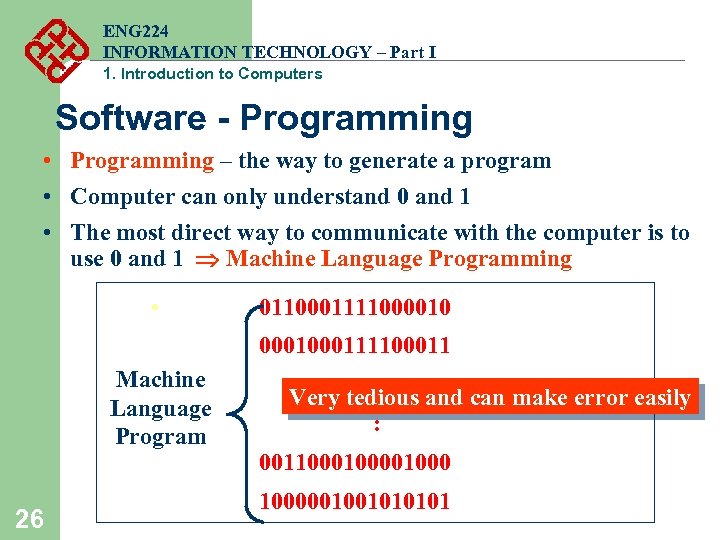 ENG 224 INFORMATION TECHNOLOGY – Part I 1. Introduction to Computers Software - Programming
