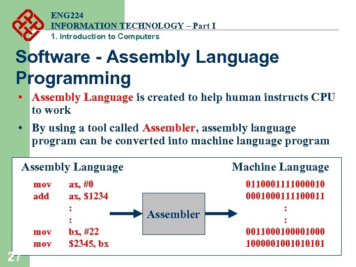 ENG 224 INFORMATION TECHNOLOGY – Part I 1. Introduction to Computers Software - Assembly