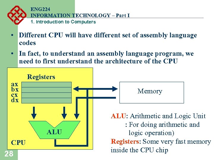 ENG 224 INFORMATION TECHNOLOGY – Part I 1. Introduction to Computers • Different CPU