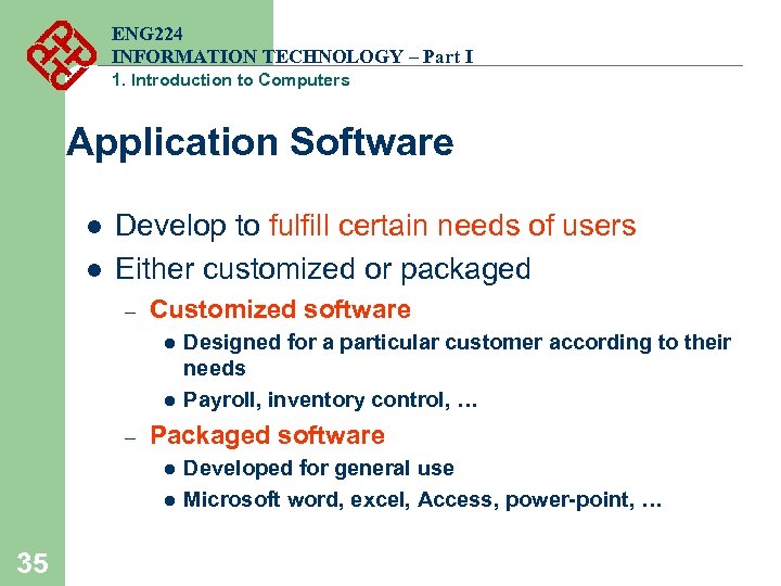 ENG 224 INFORMATION TECHNOLOGY – Part I 1. Introduction to Computers Application Software l