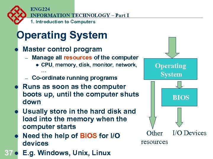 ENG 224 INFORMATION TECHNOLOGY – Part I 1. Introduction to Computers Operating System l