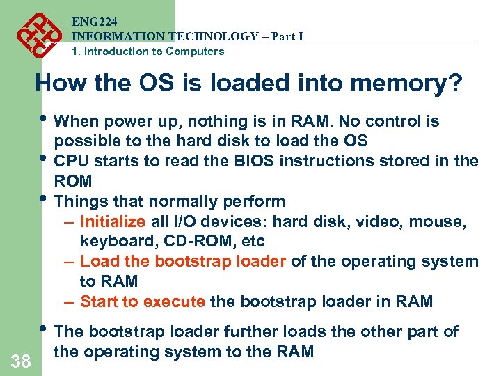 ENG 224 INFORMATION TECHNOLOGY – Part I 1. Introduction to Computers How the OS