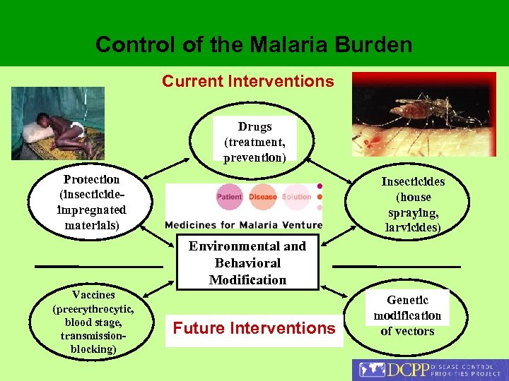 Control of the Malaria Burden Current Interventions Drugs (treatment, prevention) Protection (insecticideimpregnated materials) Insecticides
