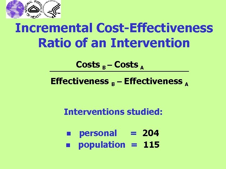 Incremental Cost-Effectiveness Ratio of an Intervention Costs B – Costs A Effectiveness B –