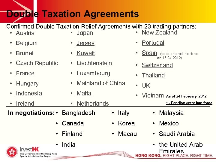 Double Taxation Agreements Confirmed Double Taxation Relief Agreements with 23 trading partners: • New