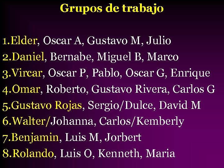 Grupos de trabajo 1. Elder, Oscar A, Gustavo M, Julio 2. Daniel, Bernabe, Miguel