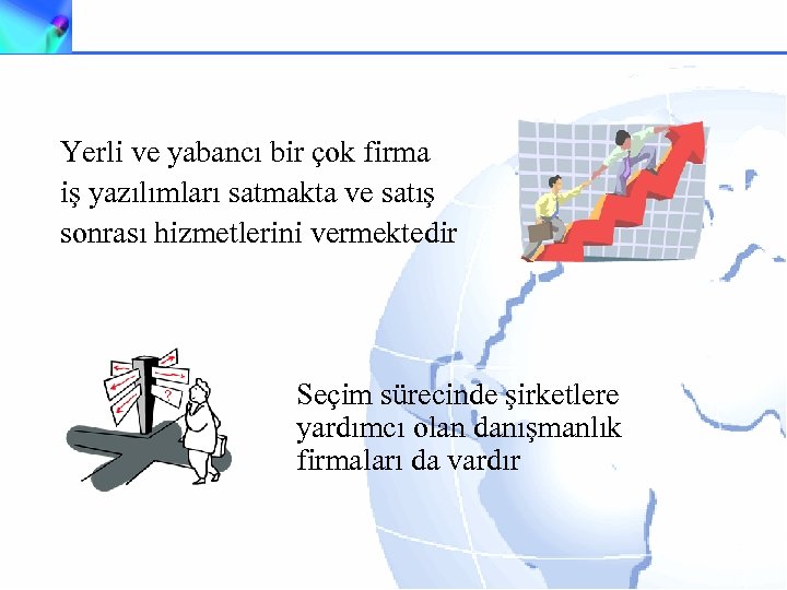 Yerli ve yabancı bir çok firma iş yazılımları satmakta ve satış sonrası hizmetlerini vermektedir