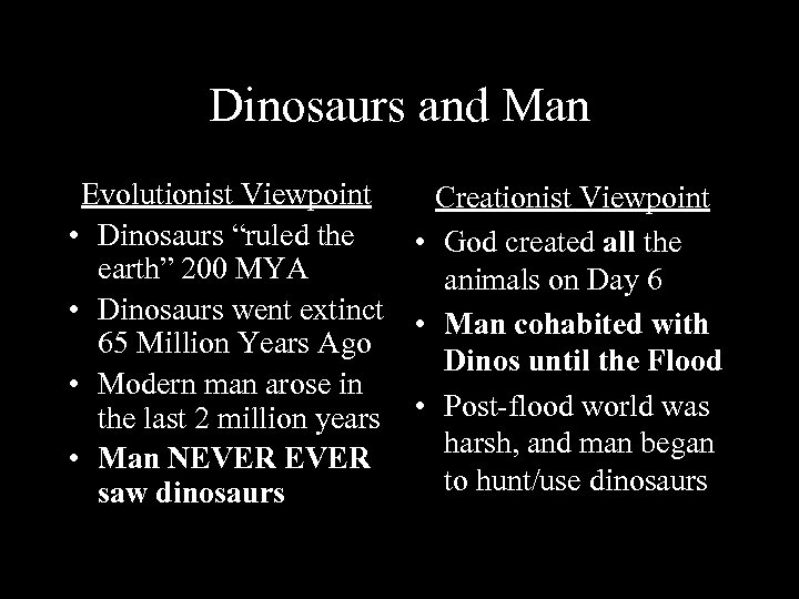 Dinosaurs and Man Evolutionist Viewpoint Creationist Viewpoint • Dinosaurs “ruled the • God created