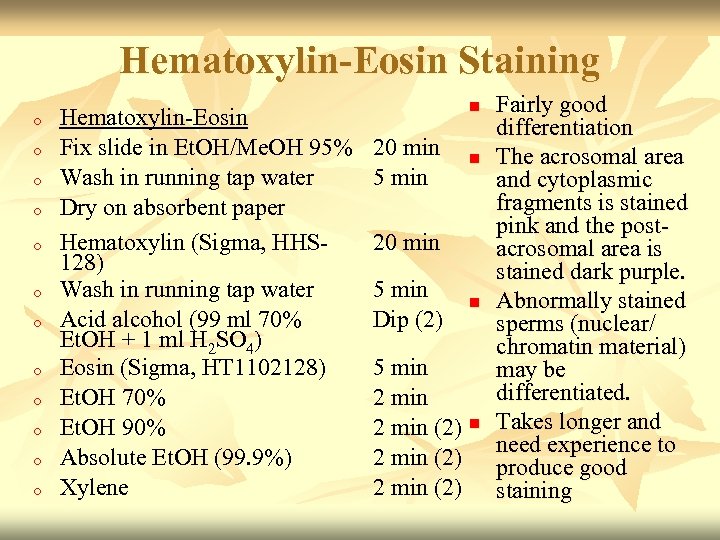Hematoxylin-Eosin Staining o o o Hematoxylin-Eosin Fix slide in Et. OH/Me. OH 95% Wash