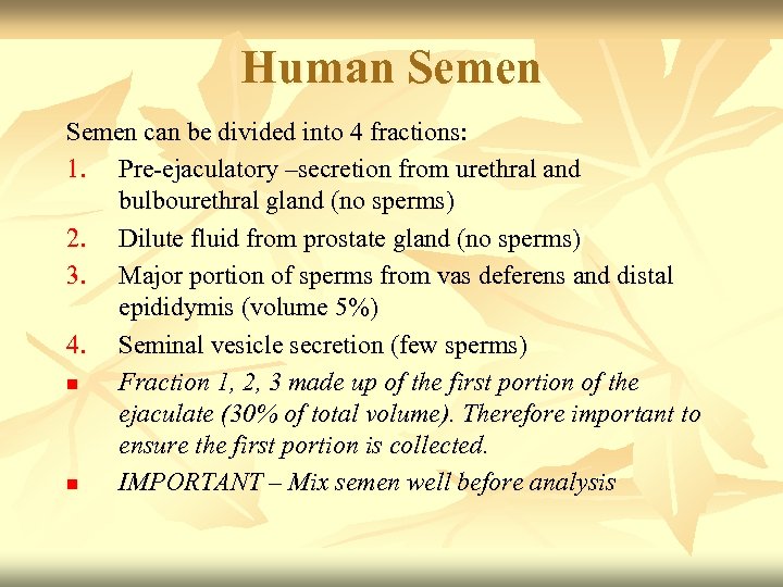 Human Semen can be divided into 4 fractions: 1. Pre-ejaculatory –secretion from urethral and