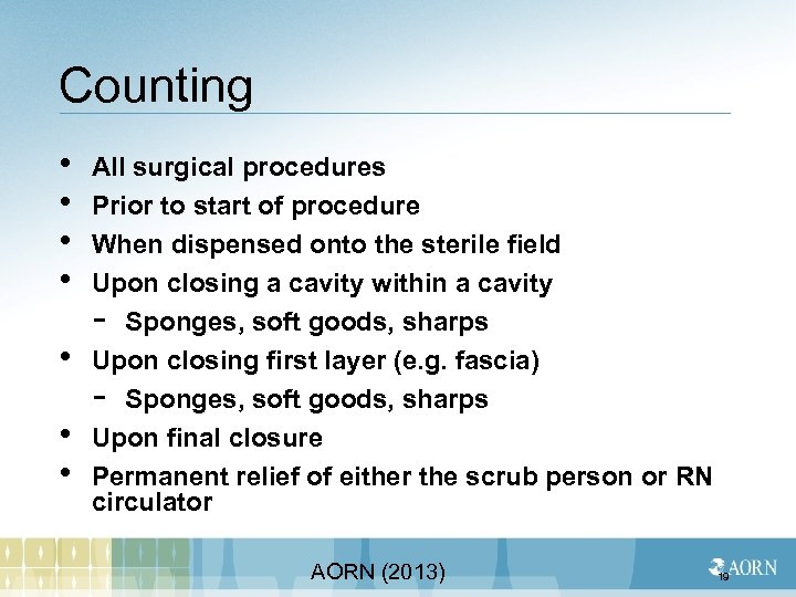 Counting • • All surgical procedures Prior to start of procedure When dispensed onto