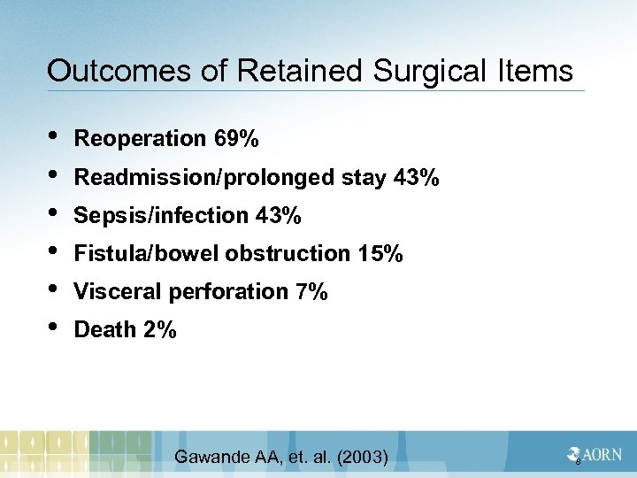 Outcomes of Retained Surgical Items • • • Reoperation 69% Readmission/prolonged stay 43% Sepsis/infection