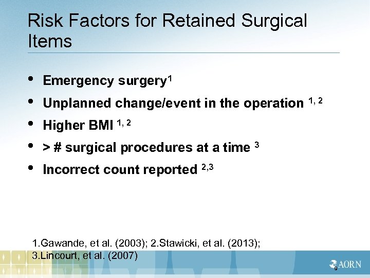 Risk Factors for Retained Surgical Items • • • Emergency surgery 1 Unplanned change/event