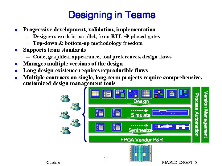 Designing in Teams n Progressive development, validation, implementation — — n Supports team standards
