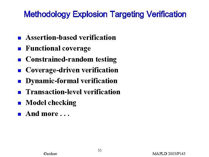 Methodology Explosion Targeting Verification n n n n Assertion-based verification Functional coverage Constrained-random testing