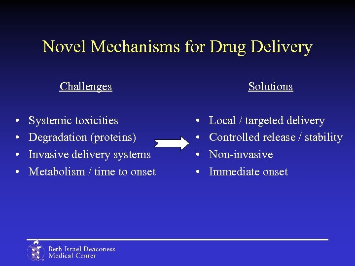 Novel Mechanisms for Drug Delivery Challenges • • Systemic toxicities Degradation (proteins) Invasive delivery