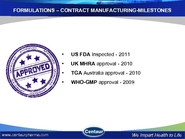 FORMULATIONS – CONTRACT MANUFACTURING-MILESTONES • • UK MHRA approval - 2010 • TGA Australia