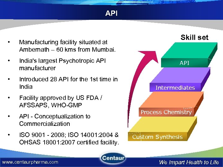 API • Manufacturing facility situated at Ambernath – 60 kms from Mumbai. • India's