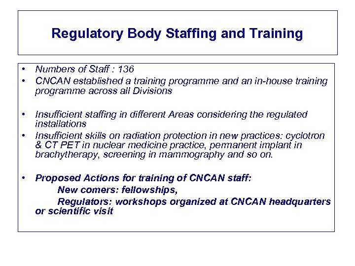 Regulatory Body Staffing and Training • Numbers of Staff : 136 • CNCAN established
