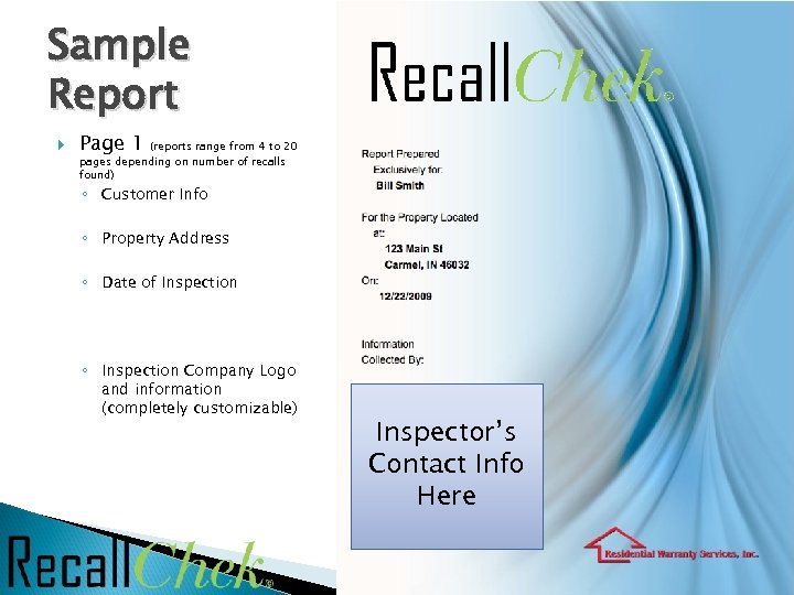 Sample Report Page 1 (reports range from 4 to 20 pages depending on number