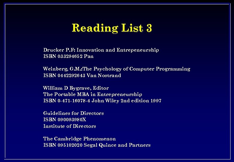 Reading List 3 Drucker P. F: Innovation and Entrepeneurship ISBN 033294652 Pan Weinberg, G.