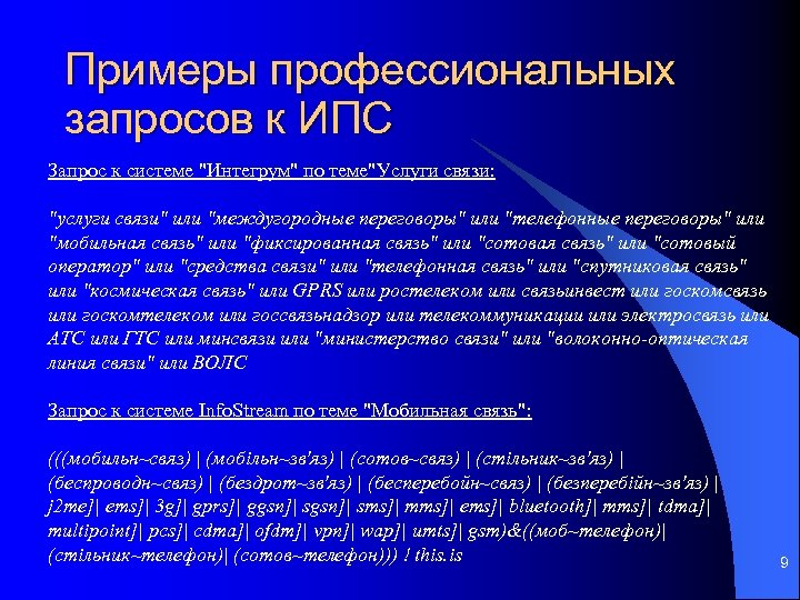 Примеры профессиональных запросов к ИПС Запрос к системе 