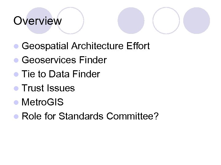 Overview l Geospatial Architecture Effort l Geoservices Finder l Tie to Data Finder l