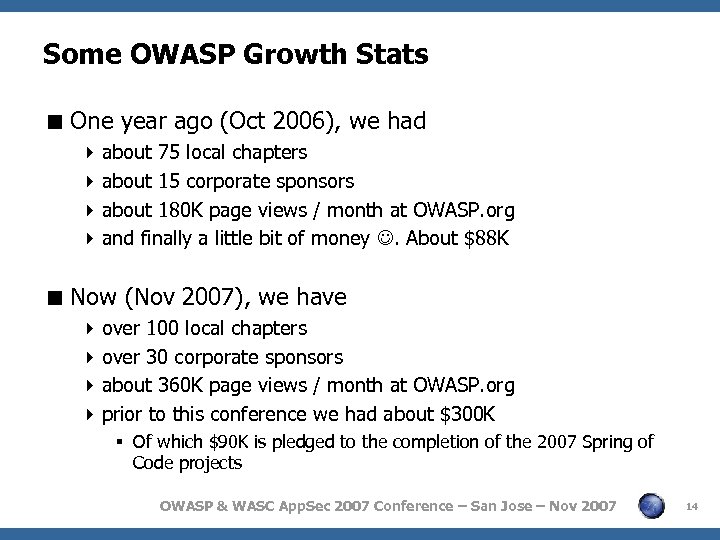 Some OWASP Growth Stats < One year ago (Oct 2006), we had 4 about
