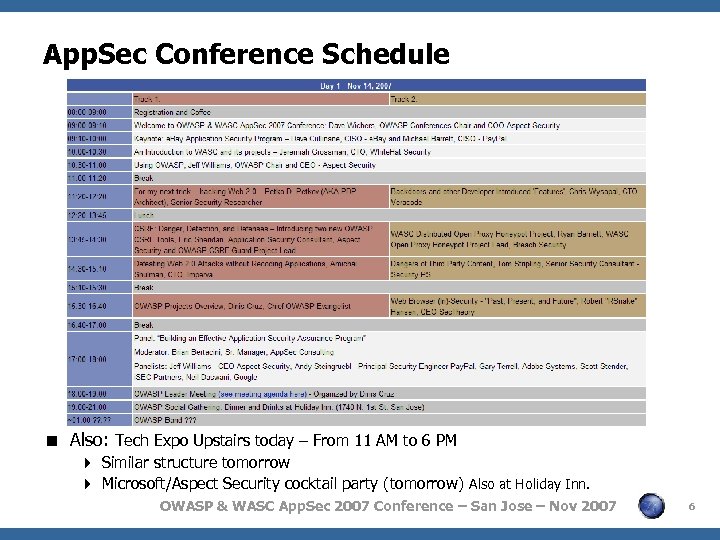 App. Sec Conference Schedule < Also: Tech Expo Upstairs today – From 11 AM