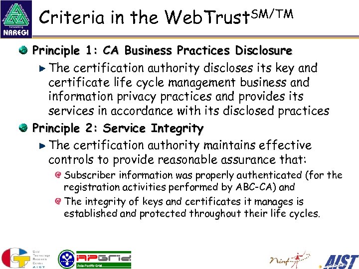 Criteria in the Web. Trust. SM/TM Principle 1: CA Business Practices Disclosure The certification