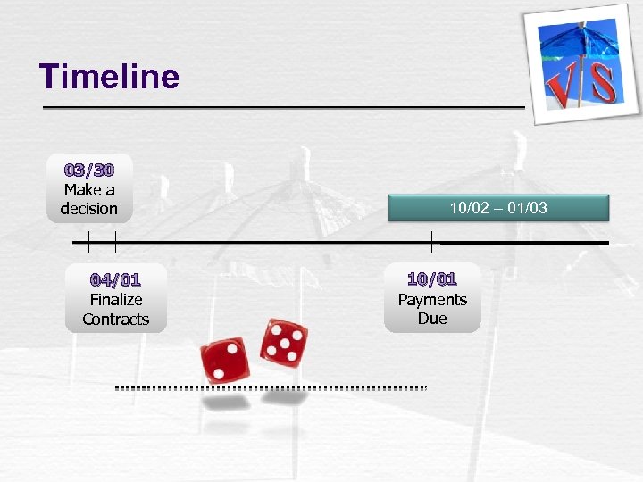 Timeline 03/30 Make a decision 04/01 Finalize Contracts 10/02 – 01/03 10/01 Payments Due