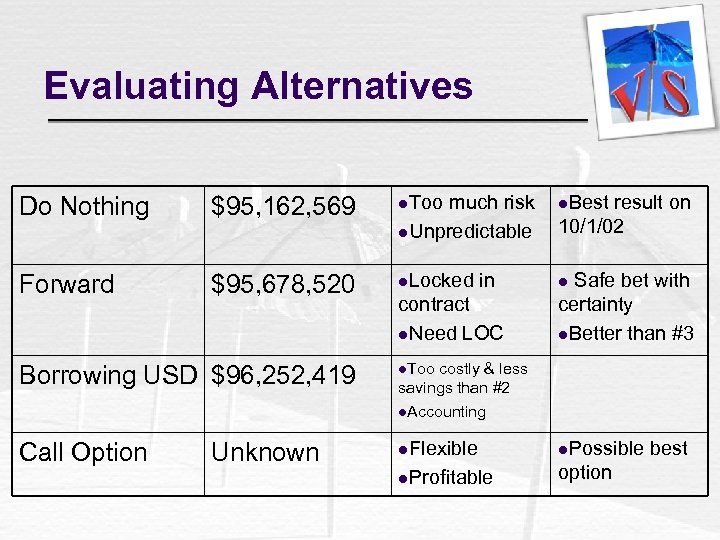 Evaluating Alternatives Do Nothing $95, 162, 569 l. Too much risk l. Unpredictable l.