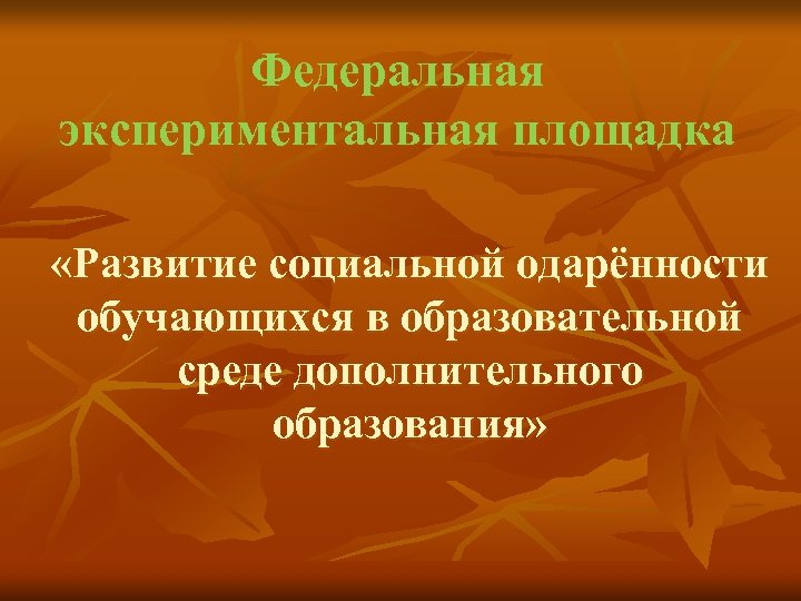 Федеральная экспериментальная площадка «Развитие социальной одарённости обучающихся в образовательной среде дополнительного образования» 