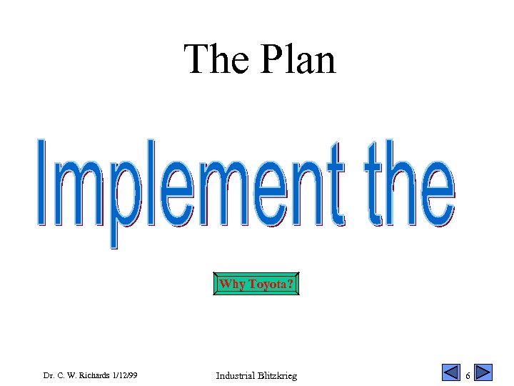 The Plan Why Toyota? Dr. C. W. Richards 1/12/99 Industrial Blitzkrieg 6 