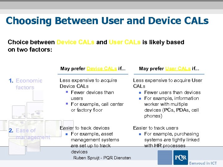 Choosing Between User and Device CALs Choice between Device CALs and User CALs is
