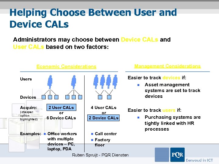 Helping Choose Between User and Device CALs Administrators may choose between Device CALs and