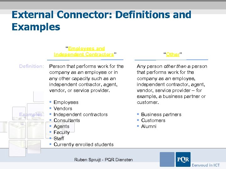 External Connector: Definitions and Examples “Employees and Independent Contractors” Definition: Person that performs work