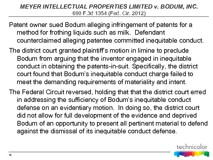 MEYER INTELLECTUAL PROPERTIES LIMITED v. BODUM, INC. 690 F. 3 d 1354 (Fed. Cir.